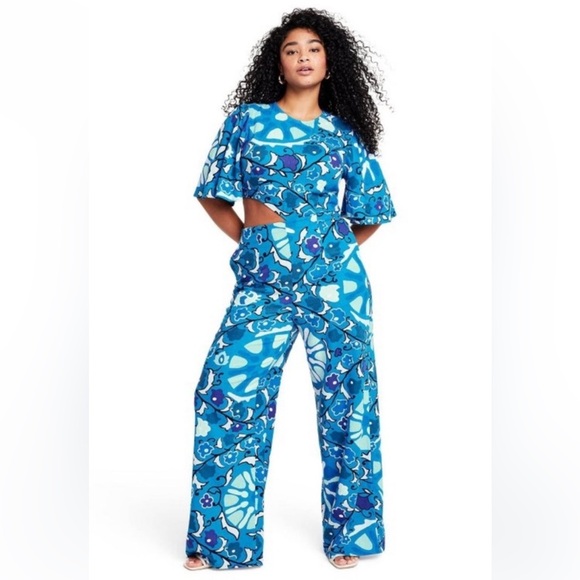 RHODE Blue Floral Linen blend wide leg  flutter sleeve Jumpsuit size S - Picture 1 of 13